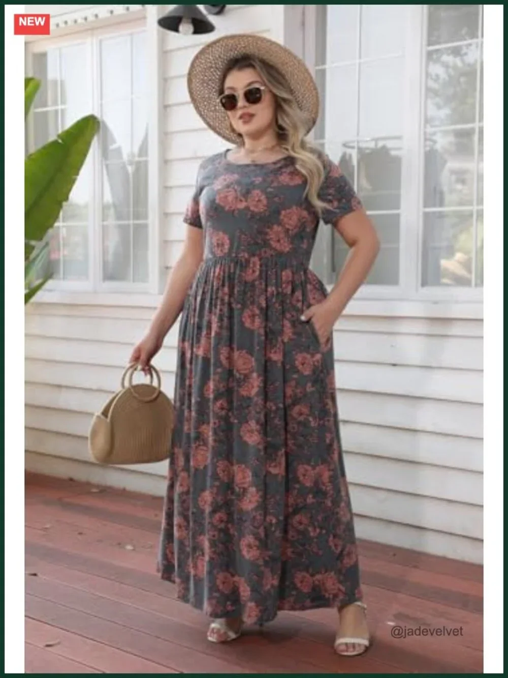 Women Plus Size Maxi Dress Loose Fit Short Sleeve Elastic Waist Pockets